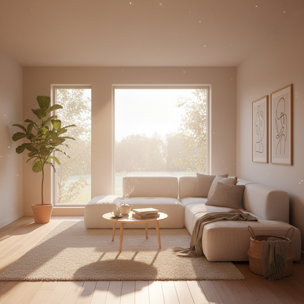 Cozy home interior with warm sunlight